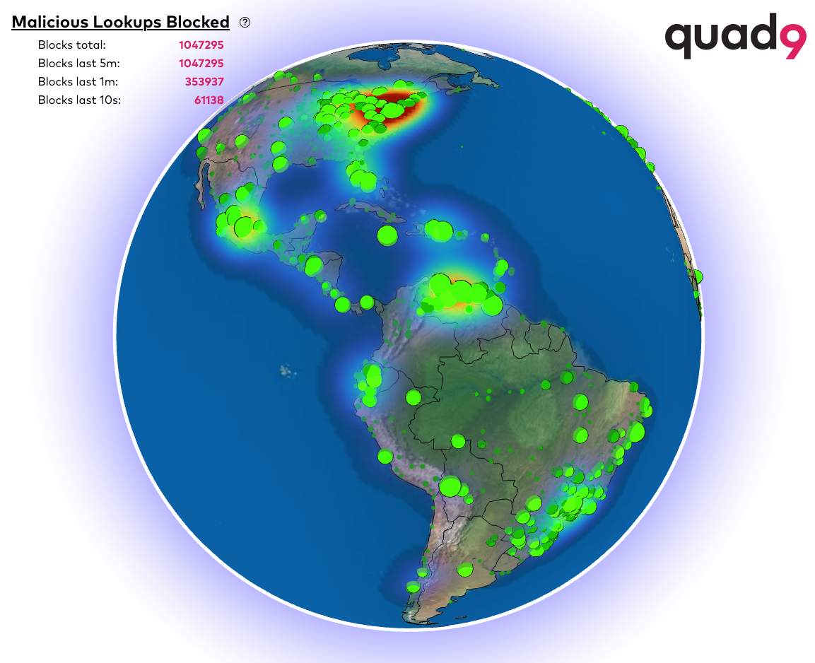A world map illustrating the number of malicious lookups blocked by Quad9.
